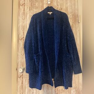 Orvis NEW size XL Deep Blue Cardigan Sweater Chenille shawl open front pockets